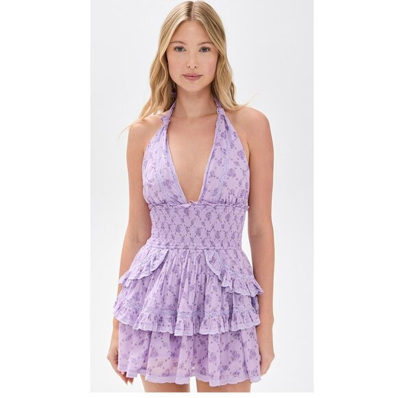 LOVESHACKFANCY Deanna Lilac Dreams Halter Mini Dress - Picture 1 of 15